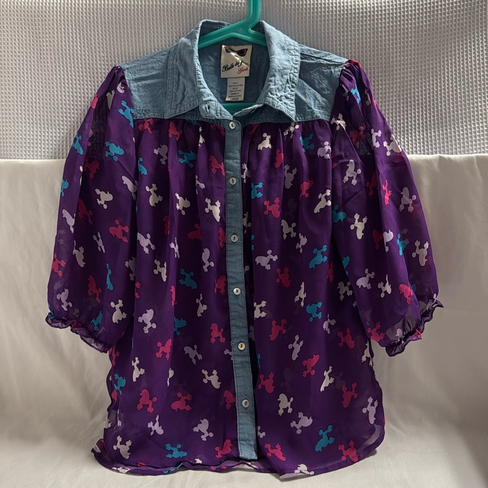 Belle du Jour Girls Purple Poodle Print Sheer Blouse Denim Trim Top Size L